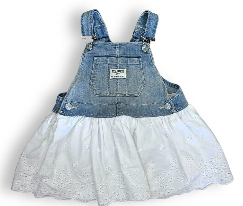 OshKosh Girl Bib Overalls Denim Dress White Eyelet Lace Vestbak 24M NWOT